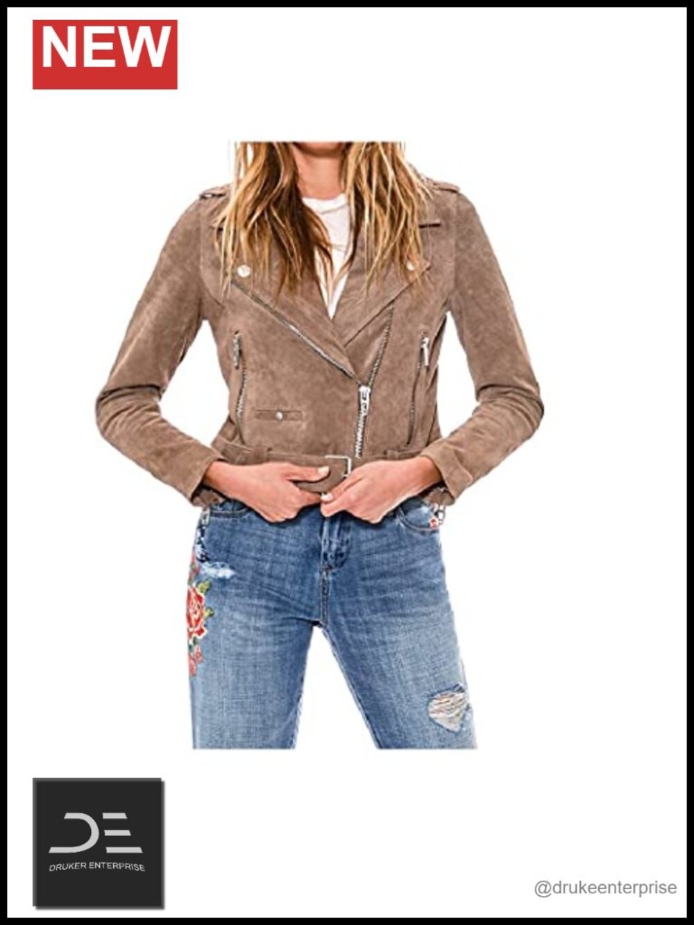 Suede Moto Jacket Asymmetrical Long Sleeve Zip Pockets Aviator